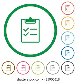 Set of checklist color round outlined flat icons on white background