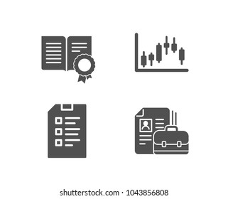 Set of Checklist, Diploma and Candlestick graph icons. Vacancy sign. Data list, Document with badge, Finance chart. Hiring job.  Quality design elements. Classic style. Vector