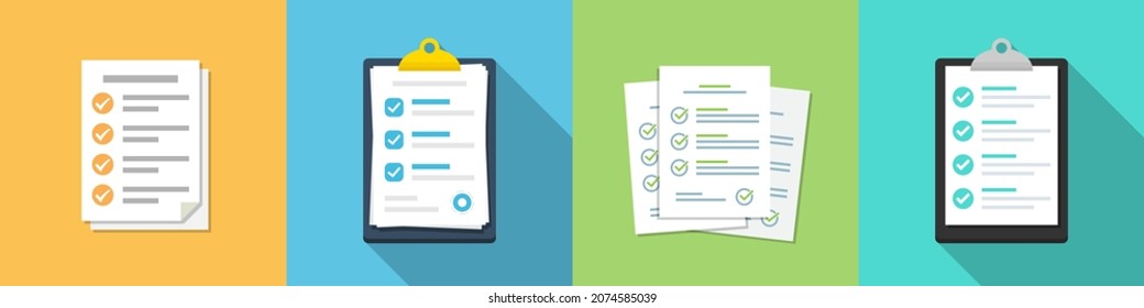 Set of checklist document icons in a flat design. Audit document collection