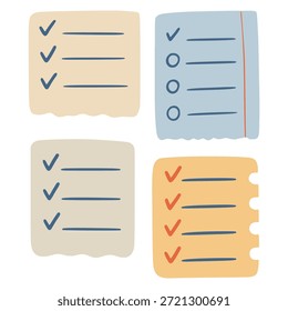 conjunto de listas de verificação desenhadas à mão. Projeto de modelo de ilustração de vetor de cor plana do lembrete de formulário do planejador da marca de seleção