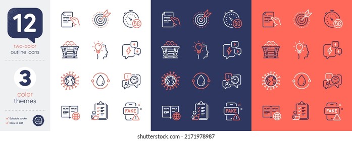 Set of Checklist, Hold document and Time management line icons. Include Coal trolley, Coronavirus, Target purpose icons. 5g internet, Cold-pressed oil, Fake news web elements. Vector