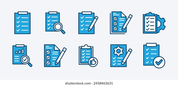 Conjunto de iconos de lista de comprobación. Conteniendo evaluación, revisión, calidad, Encuesta, análisis, documento, datos de gestión empresarial, inspección, estadística, inspección, declaración, informe, prueba. Ilustración vectorial