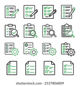 Conjunto de ícones de lista de verificação com elementos de área de transferência, documento, marca de seleção e caixa de seleção. Ideal para gerenciamento de tarefas, aplicativos de produtividade e design de interface do usuário. Limpar ilustrações de vetor.