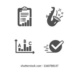 Set of Checklist, Jazz and Survey results icons. Checkbox sign. Graph report, Saxophone, Best answer. Approved.  Classic design checklist icon. Flat design. Vector