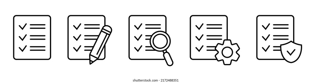 Set of checklist line icons. Checklist with magnifier glass, pencil, gear, shield. Isolated vector icons.