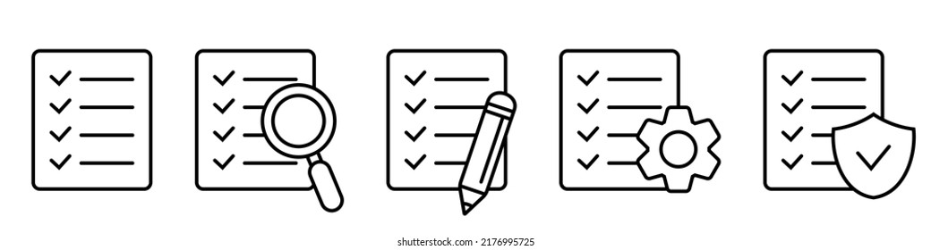 Set of checklist line icons. Checklist with magnifier glass, pencil, gear, shield. Isolated vector icons.