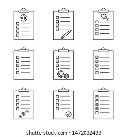 Set of checklist linear vector icon. Clipboard with checkmarks and pencil. List with ticks, check marks and medical diagnosis.
