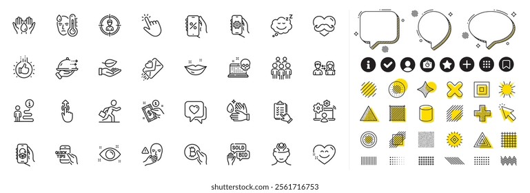 Set of Checklist, Lips and Bid offer line icons for web app. Design elements, Social media icons. Health eye, Safe water, People communication icons. Cyber attack, Online job, Dont touch signs. Vector