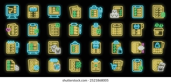 Set of checklist, planning, to do list, wish list neon light icons. Pack of shopping list, task, document, agreement, contract, survey, exam, quiz, application form linear symbols