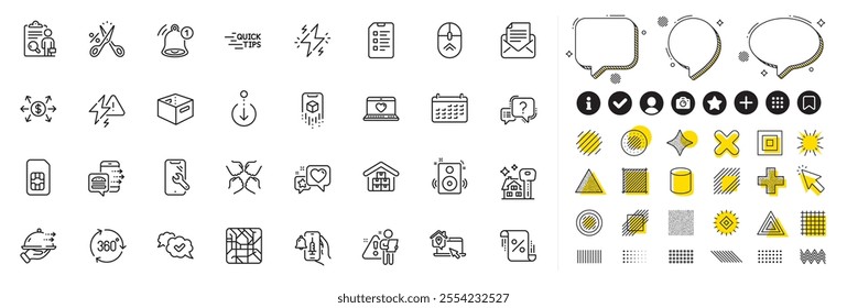 Set of Checklist, Scroll down and Calendar line icons for web app. Design elements, Social media icons. Approved, Dollar exchange, Swipe up icons. Buying house, Education, Metro map signs. Vector