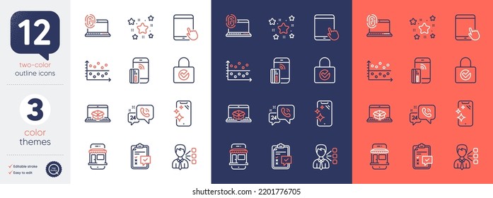 Set of Checklist, Third party and Computer fingerprint line icons. Include Marketplace, Contactless payment, Password encryption icons. Stars, Smartphone clean, Online delivery web elements. Vector