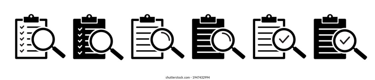 Set of checklists with checkmarks and magnifier. Different inspection icons. Checklist icons. Vector illustration.