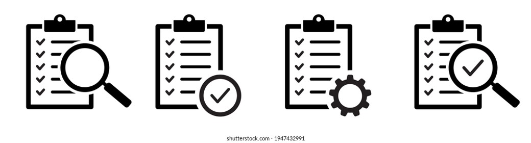 Conjunto de listas de comprobación con engranajes, marcas de verificación, amplificador. Iconos de inspección diferentes. Iconos de la lista de verificación. Ilustración vectorial.