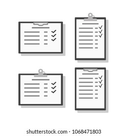 Set of checklists on a hard folder with a holder. Vector illustration