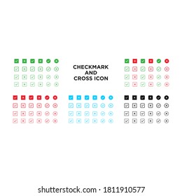Set of checkmark and cross icon with various colors.