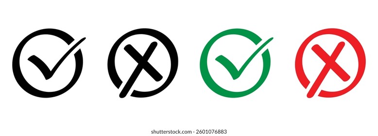 Set of checkmark and cross icons. Green check and red X symbols for yes no or right wrong selections in a checkbox format.
