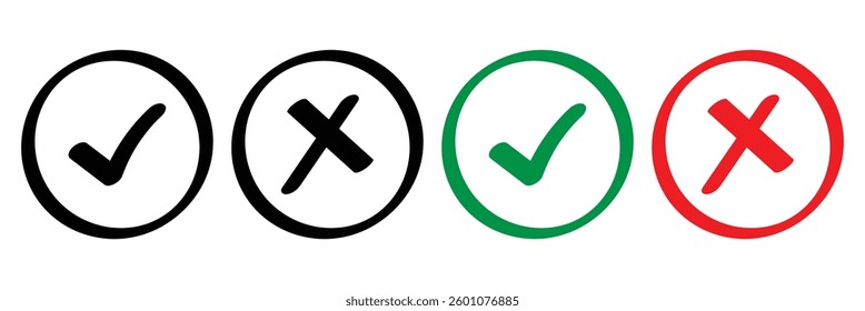 Set of checkmark and cross icons. Green check and red X symbols for yes no or right wrong selections in a checkbox format.