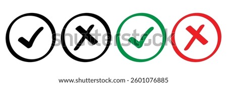 Set of checkmark and cross icons. Green check and red X symbols for yes no or right wrong selections in a checkbox format.