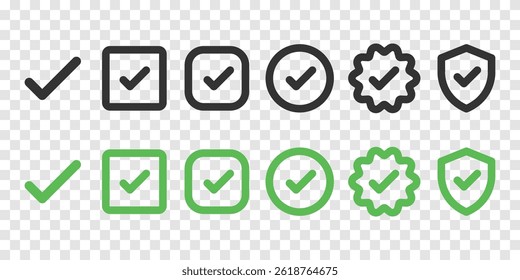 Set of checkmark icons in black and green. Includes checkmarks in squares, circles, badges, and shields. Checkmark icons for approval and verification. Vector element set.