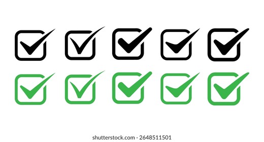 A set of checkmark icons in black and green isolated on white background