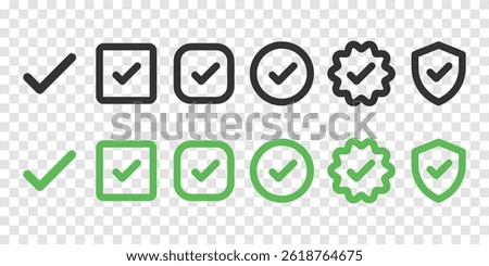 Set of checkmark icons in black and green. Includes checkmarks in squares, circles, badges, and shields. Checkmark icons for approval and verification. Vector element set.