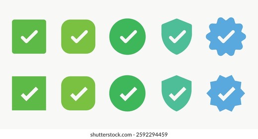 Set of checkmark icons in green and blue. Includes checkmarks in squares, circles, shields, and starburst shapes. Checkmarks symbolize approval and confirmation. Vector element set.