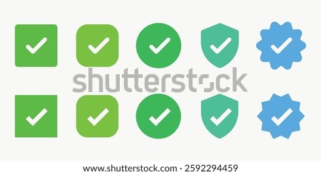 Set of checkmark icons in green and blue. Includes checkmarks in squares, circles, shields, and starburst shapes. Checkmarks symbolize approval and confirmation. Vector element set.