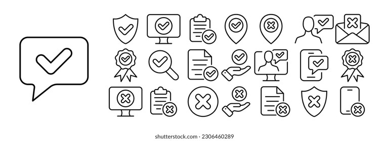 Conjunto de iconos de marca de verificación. Ilustraciones que muestran varios estilos de marcas de verificación, incluidas marcas de graduación, casillas de verificación y símbolos de verificación.