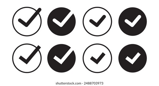 Set of checkmark icons inside a circle isolated on a white background. Black check mark icon. Tick approved symbol. eps 10