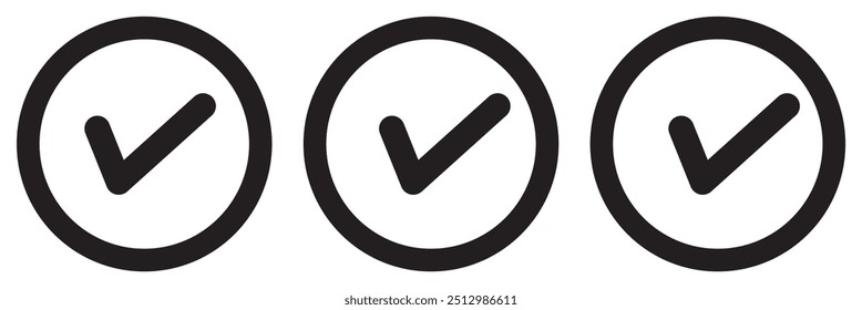 Set of checkmark icons inside a circle isolated on a white background. Black check mark icon. Tick approved symbol. 