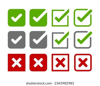 Set of checkmark icons on a white background. Tick and cross vector signs. Yes and no labels in square and circle. Approved and rejected emblems.