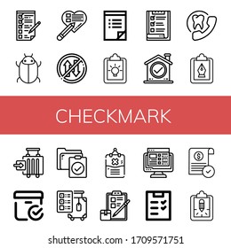 Set of checkmark icons. Such as Checking, Tick, Checklist, Priority, To do list, Clipboard, List, Check, Appointment, Check in, Checked box, Check out, Rules , checkmark icons