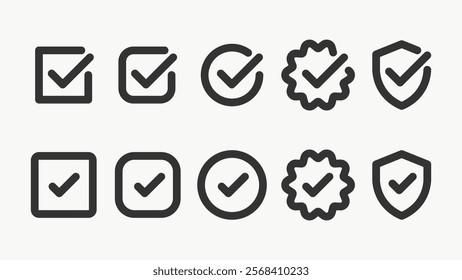 Set of checkmark icons in various shapes: square, circle, badge, shield. Simple, bold checkmark designs for approval, completion, and verification themes. Vector element set.