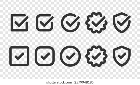 Set of checkmark icons in various shapes: square, circle, badge, and shield. Black checkmarks on transparent background. Checkmark symbols for approval and validation. Vector element set.