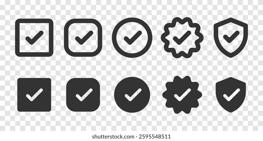 Set of checkmark icons in various shapes: square, circle, badge, shield. Black checkmarks in different styles: square, circle, badge, shield. Icons on transparent background. Vector element set.
