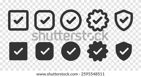 Set of checkmark icons in various shapes: square, circle, badge, shield. Black checkmarks in different styles: square, circle, badge, shield. Icons on transparent background. Vector element set.