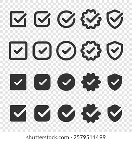 Set of checkmark icons in various styles. Includes checkmarks in circles, squares, and shields. Checkmark symbols for approval, confirmation, and selection. Vector element set.