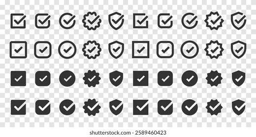 Set of checkmark icons in various styles, including checkboxes, shields, and circles. Black checkmarks on transparent background, perfect for UI design. Vector element set.
