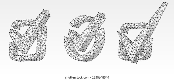 Set of Checkmark symbols, square and circle boxes. Success, business agreement, ok sign, approval concept. Low poly, wireframe 3d vector illustration. Abstract polygonal image on white origami bg