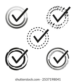 Set of checkmarks in circles, created in various styles. Icons for marking tasks or design use.