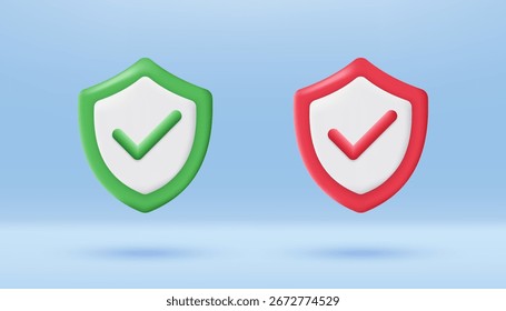 Conjunto de marcas de verificación en el icono de escudo verde y rojo. Seguridad aceptada y no aceptada. Garantía de protección y escudo de seguridad. Icono de dibujos animados minimalista. Moderno y moderno Vector en estilo 3D.