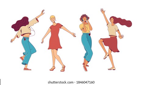 Set of cheerful active blonde and brunette women characters dancing and enjoying music on white background as power of positive thinking and hedonism svg