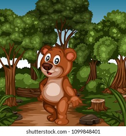Set of Cheerful Animals in Forest. Cute Cartoon Forest Animal Characters. Vector Illustration a Brown Bear