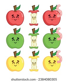 Set of cheerful apples in different colors. Whole, bitten, and with a worm.
