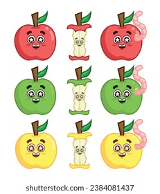 Set of cheerful apples in different colors. Whole fruit, bitten, and with a worm.