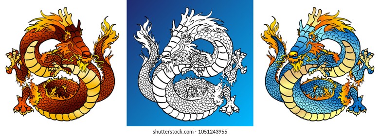Set cheerful asian dragons colorful red and blue and line-art separately on a blue and white background. Vector cartoon illustration, page coloring book