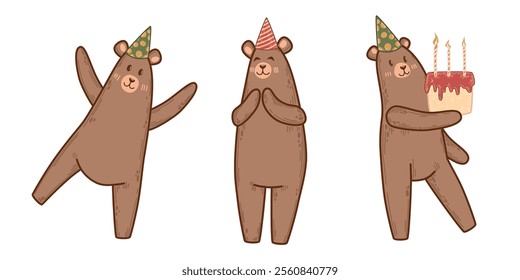 Set of cheerful bears in party hats celebrating a birthday. Includes a bear holding a cake with candles and others expressing joy. Whimsical design for children party invitations and greeting cards