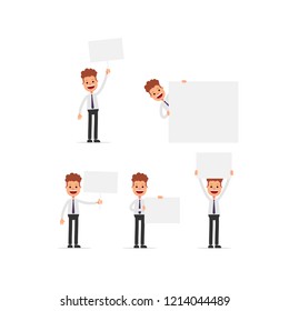 Set of cheerful businessman character holding a sign, funny vector illustration character