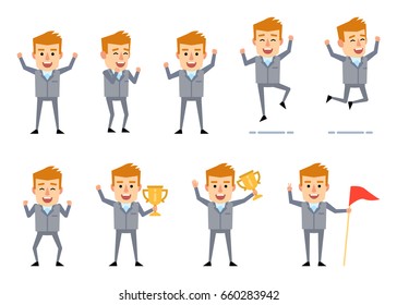 Set of cheerful businessman showing diverse achievement poses. Funny businessman holding golden cup, celebrating, jumping and showing other actions. Flat vector illustration