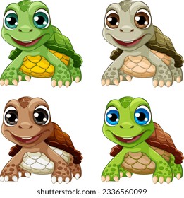 A set of cheerful cartoon turtles in different colors illustration